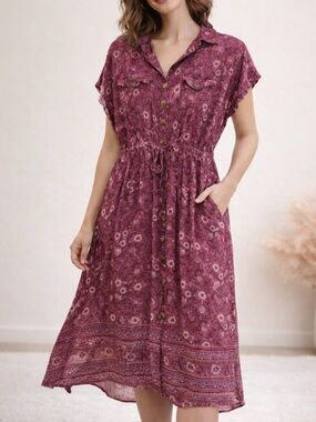 ✨ Lucky Brand Floral Midi Dress in Burgundy | Romantic Everyday Chic ✨
